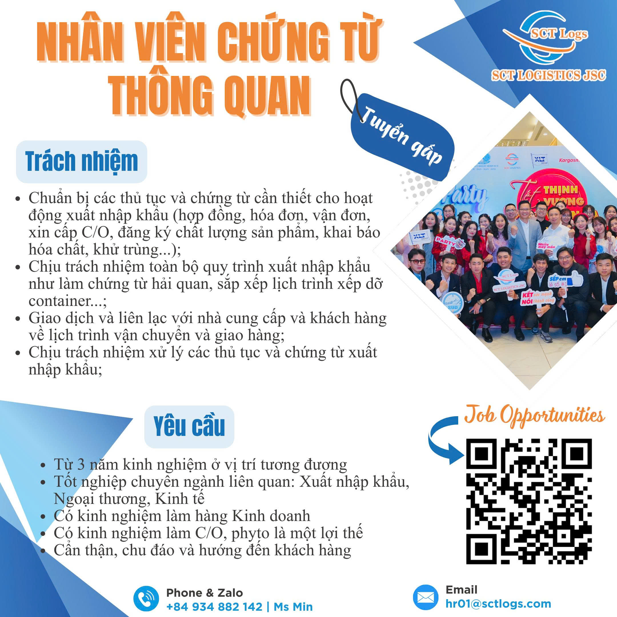 SCT LOGISTICS JSC - TUYỂN DỤNG NHÂN VIÊN CHỨNG TỪ THÔNG QUAN